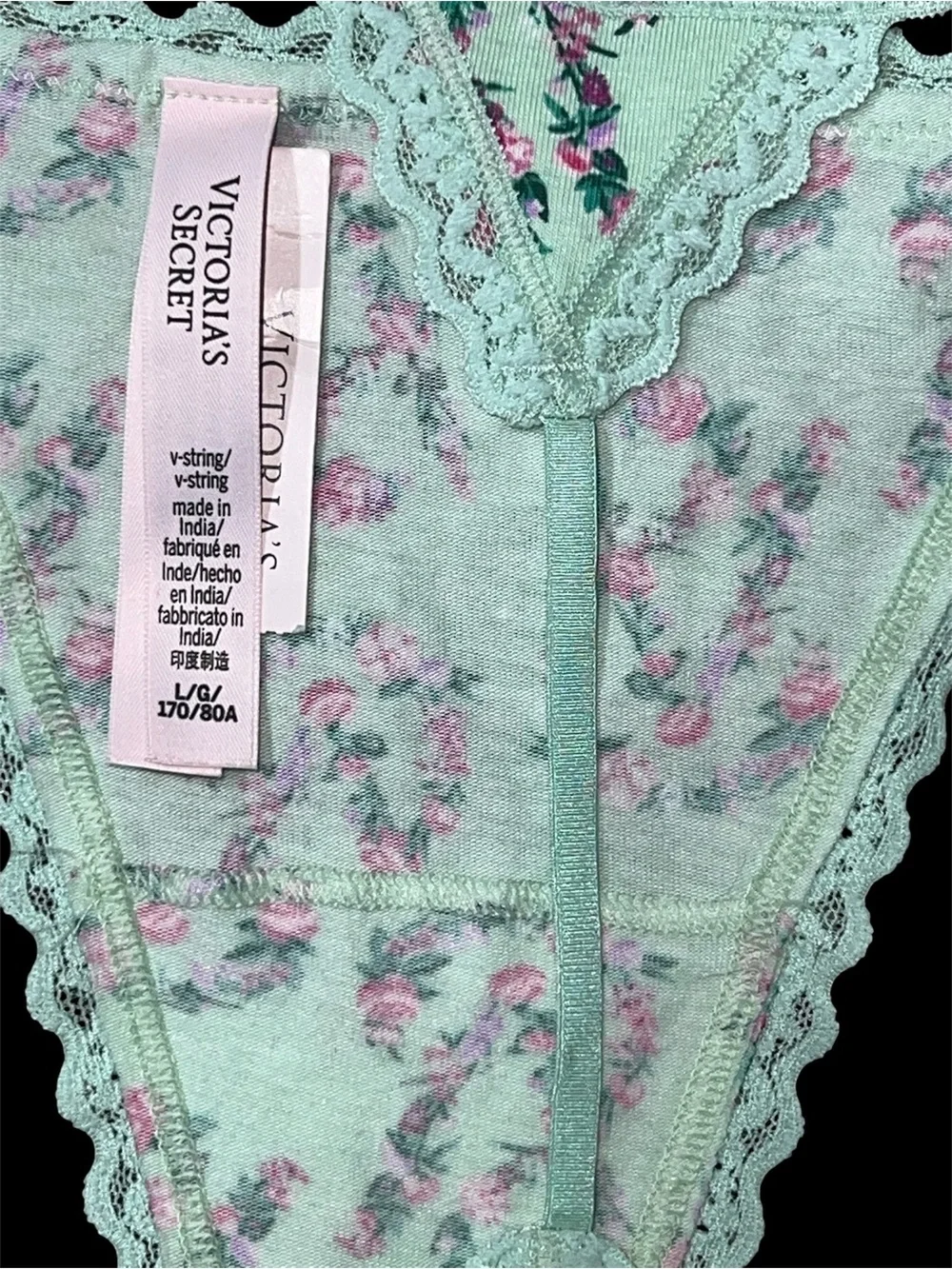 Victoria's Secret Mint Floral Lace-Trim Thong size Large